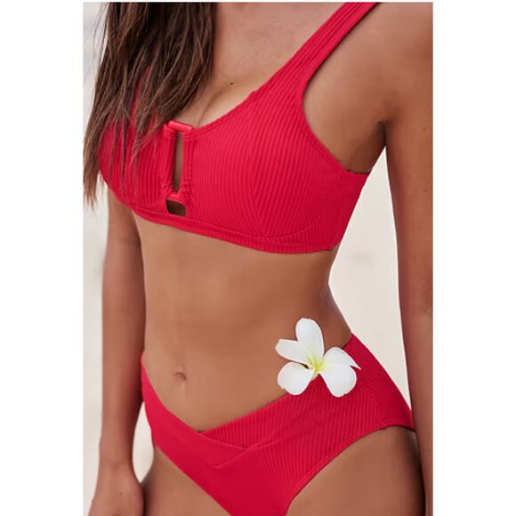 NWT Cupshe Ribbed Square-Ring Bikini Top & V-Front Bottoms Set - Picture 1 of 7